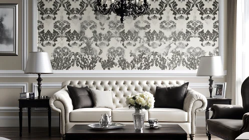 Tufted sofa holds court beneath a whispering damask wall