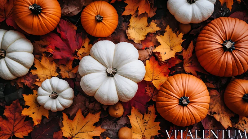 Cozy white and orange pumpkins resting on autumn leaves.