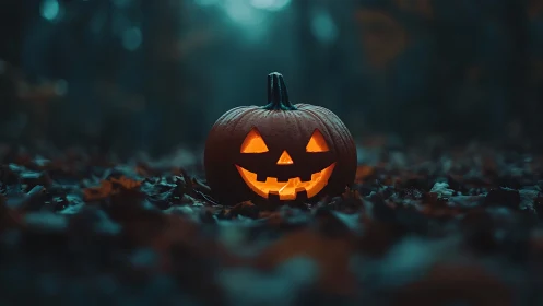 Glowing jack-o’-lantern smiles in a misty forest floor scene.