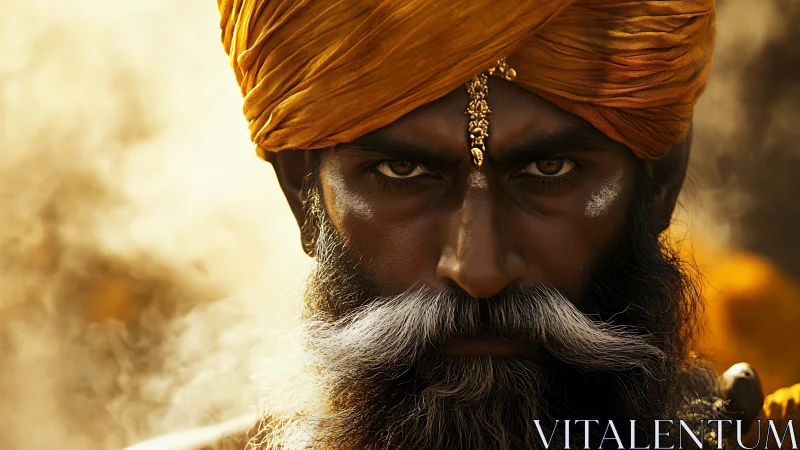 Golden turbaned elder gazes with strength and quiet resolve