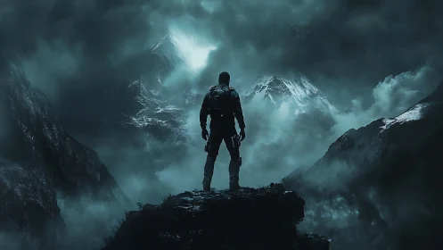 Solitary armored explorer surveys storm-laden glacial mountain basin