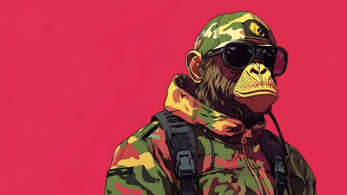 Stylized chimpanzee in camouflage jacket against pink background.