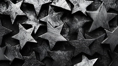Stacked metal stars in monochrome industrial texture.