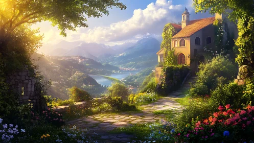 Stone path leads to hillside house above lake valley