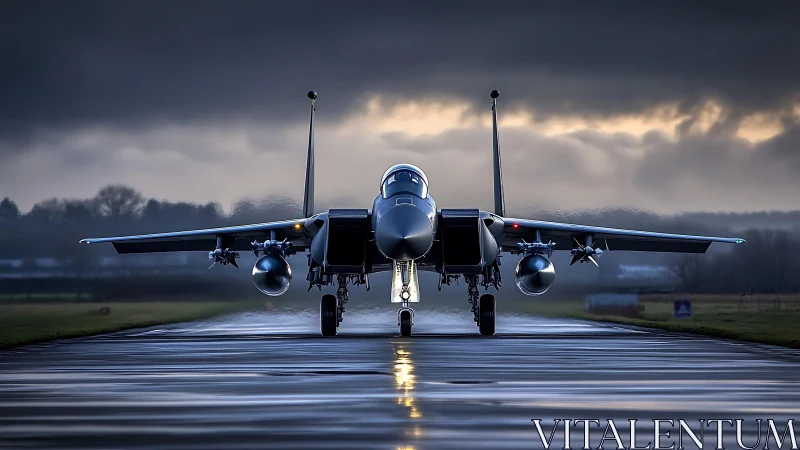 Stealth fighter jet awaits takeoff on rain-soaked runway at dusk.