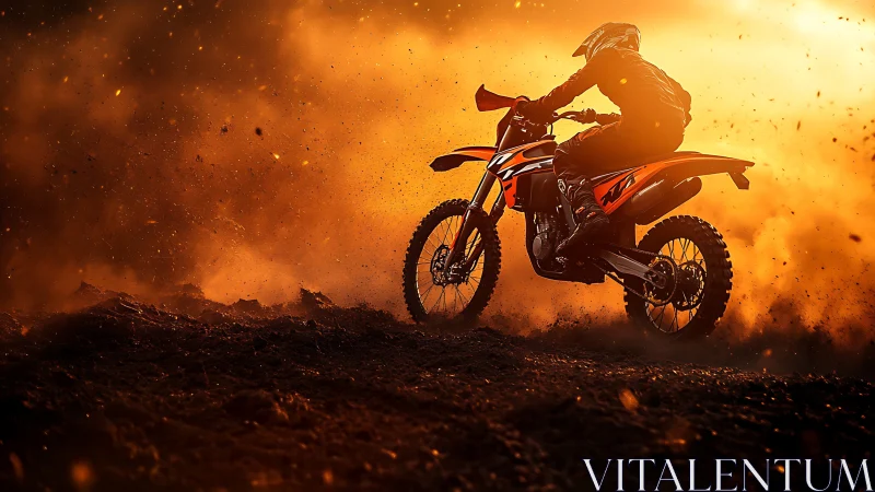 Motocross rider carves through blazing dust at sunset