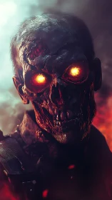 Burned skeletal figure with luminous eyes stands in smoke