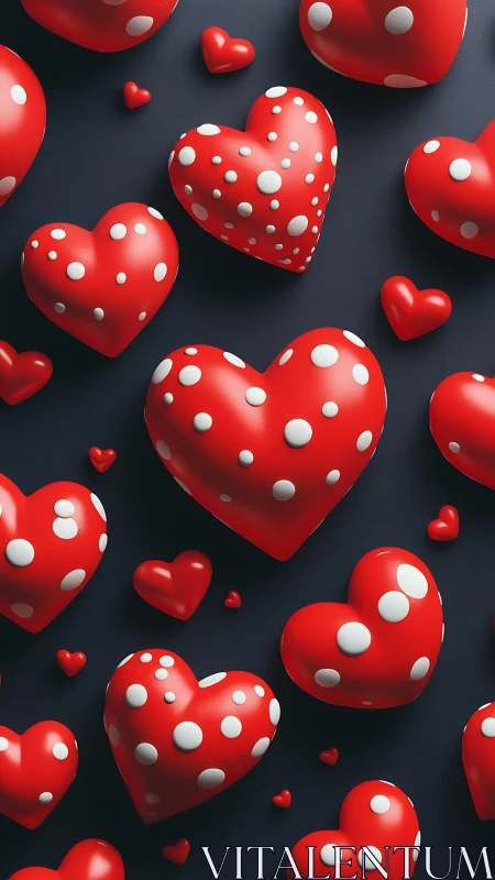 Red polka-dotted 3D hearts with glossy surface rendering on dark background