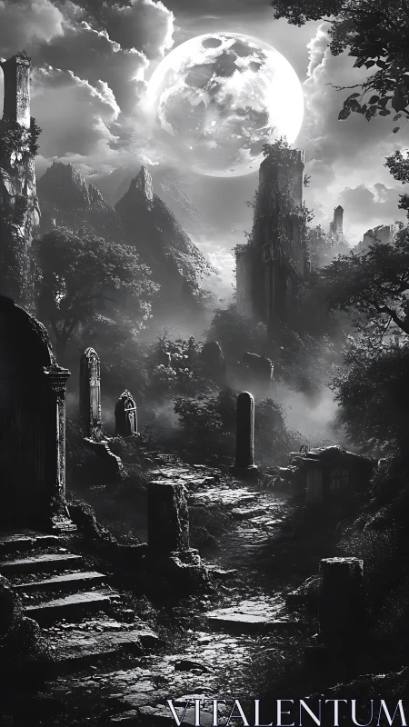 Moonlit ruins breathe beneath a haunted mountain sky.