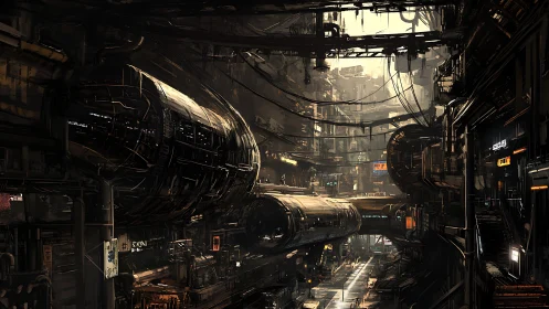 Sprawling cyberpunk transit tunnels in layered megacity dusk.