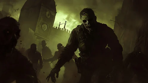Zombie horde advances through foggy, ruined city street at dusk.