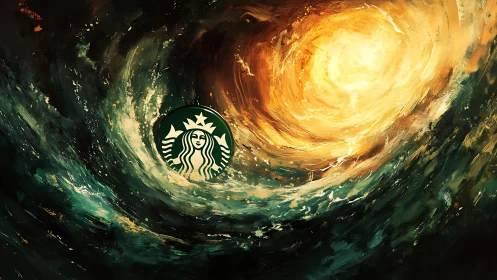 Swirling ocean vortex with stylized siren emblem near radiant core