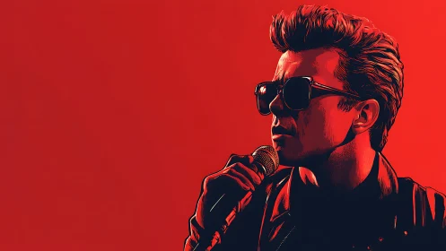 Stylized singer in sunglasses on bold red backdrop.