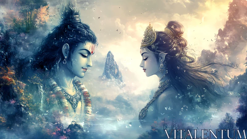 Divine lovers gaze across misty mountains in ethereal light