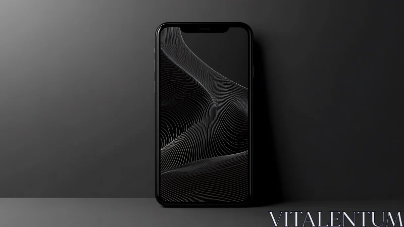 Black smartphone with abstract line display on dark surface.