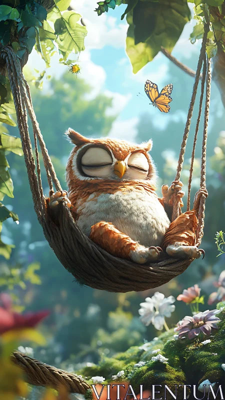Somnolent forest owl in suspended rope cradle with butterfly.