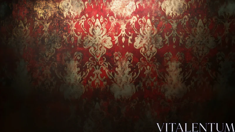 Damask pattern surface shows worn red and gold texture