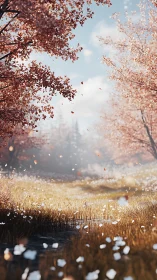 Autumn woodland clearing with falling leaves and grasses.