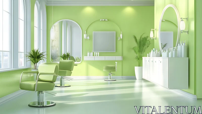 Lime green salon interior with sleek minimal styling chairs.