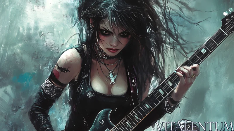 Gothic rock guitarist rendered with high contrast brushwork and motion