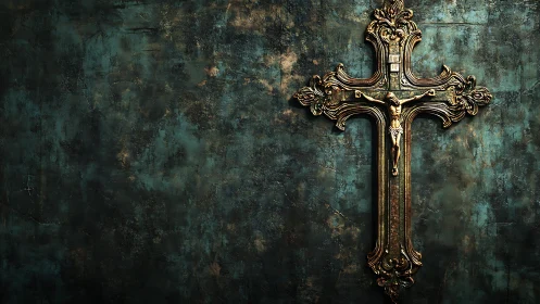 Baroque crucifix on patinated teal wall, high-contrast rendering.
