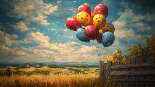 Colorful balloons drifting over a sunlit country field.