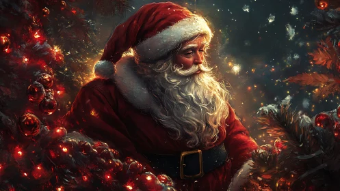 Santa in red suit among glowing Christmas tree lights.