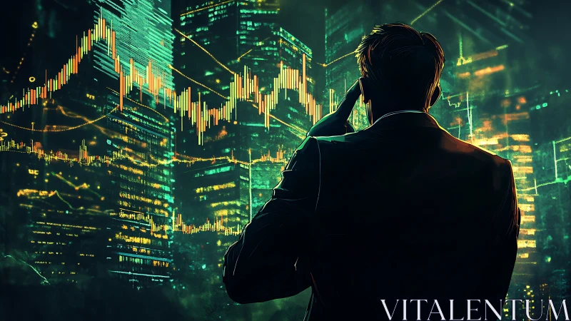 Business figure viewing illuminated financial data skyline.