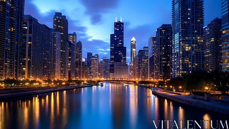 Symmetrical blue-hour skyline with long-exposure river reflections