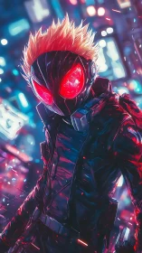 Electric-eyed cyber hero strolling through neon night streets.