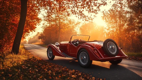 Vintage red roadster cruising through sunlit autumn lane.