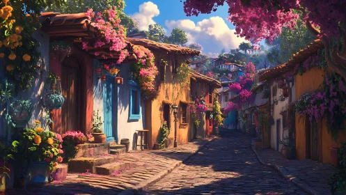 Flowered cobblestone village street curves uphill in sunlight