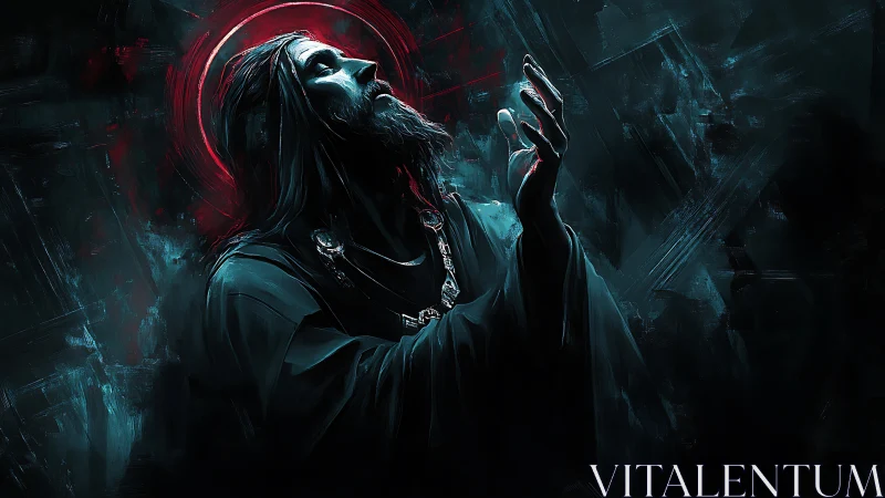 Luminous red halo over supplicant figure in noir digital chiaroscuro.