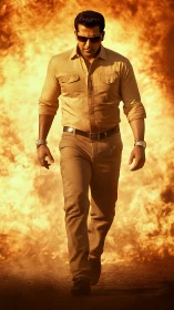 Firestorm strides behind him as he walks in cool defiance