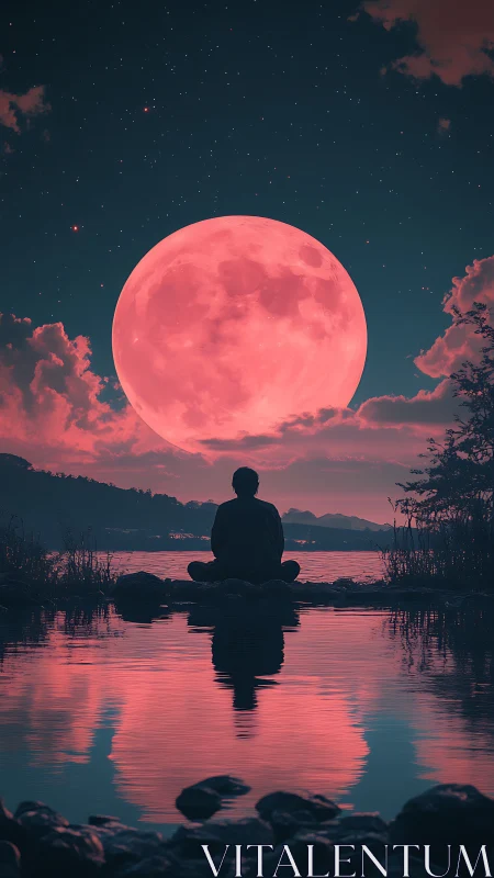 Lacustrine silhouette under oversized rose moon reflection.