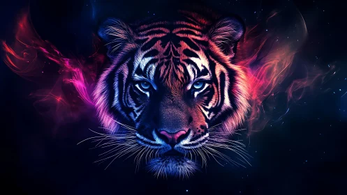 Cosmic tiger glow with electric eyes in a neon night sky.