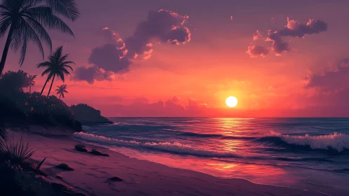 Digital seascape with tropical shoreline and sunset sky.