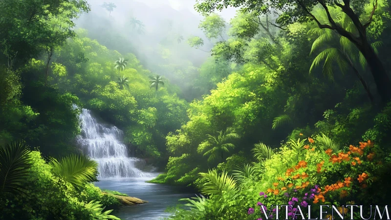 Luminous rainforest waterfall vista in lush digital painting.