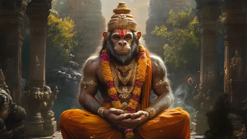 Monkey sage breathes golden stillness in ruined temple light