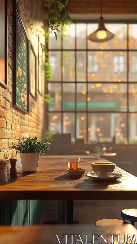 Sunlit cafe table shows coffee cup, tea glass and brick wall