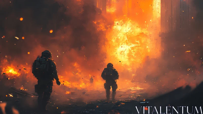 Combat operatives navigate extreme thermal conditions amid explosive detonation.