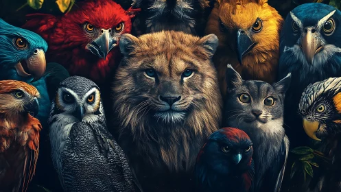 Majestic Lion, Cat, and Colorful Birds in Dramatic Digital Art.
