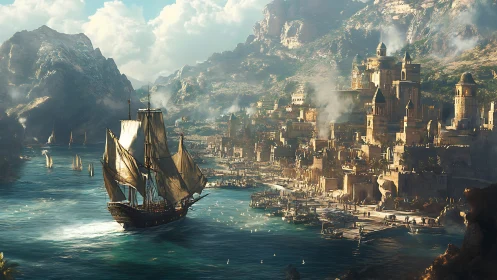 Golden-harbor galleon sailing past sunlit cliff city.