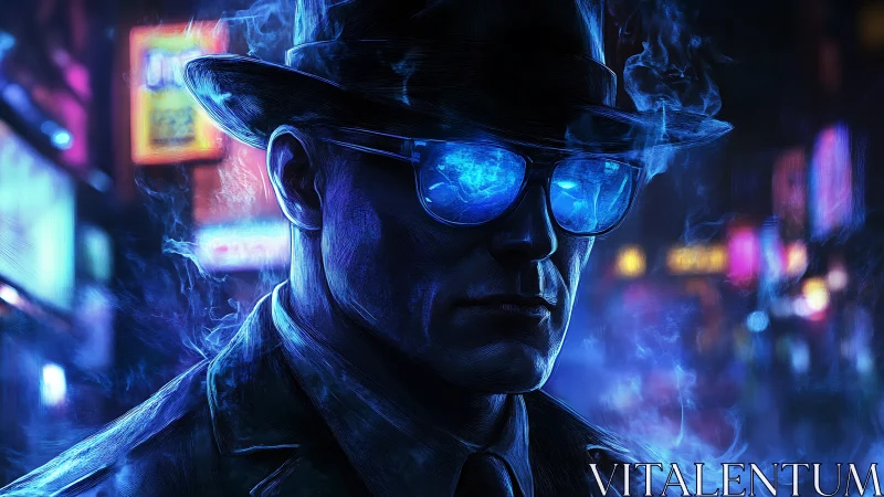 Noir cybernetic observer with luminous spectral eyewear.