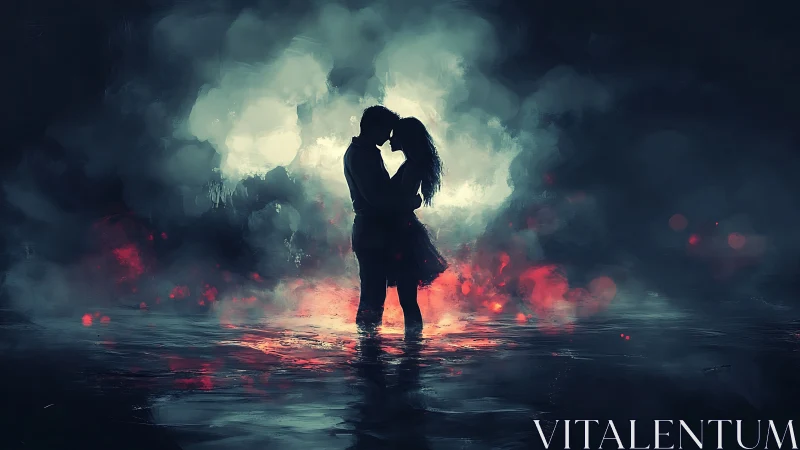 Silhouetted couple kissing amidst atmospheric volumetric lighting and ember glow