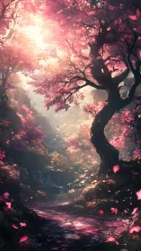 Enchanted cherry grove glows under cascading petals.
