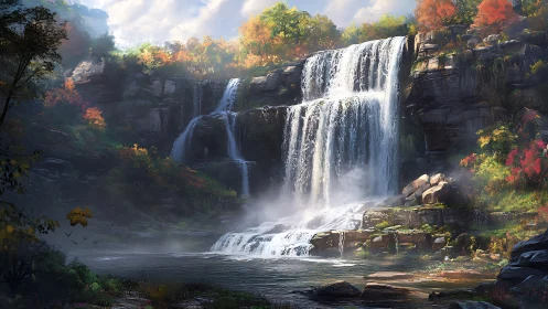 Autumn chorus waterfalls draped in mist and morning fire.
