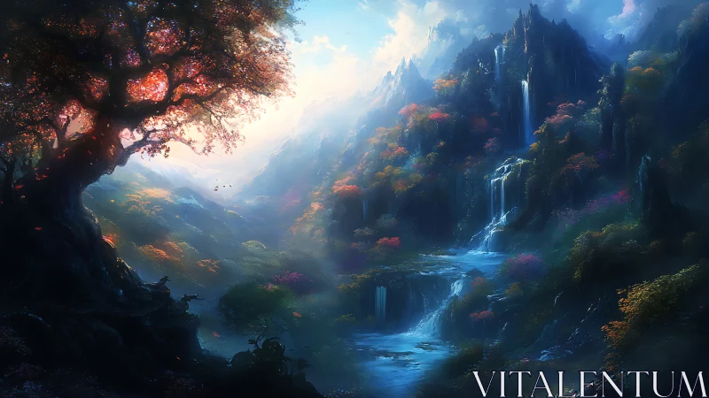 Magical Valley with Cascading Waterfalls and Ancient Castle