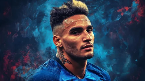 Tattooed footballer portrait against abstract blue blaze.