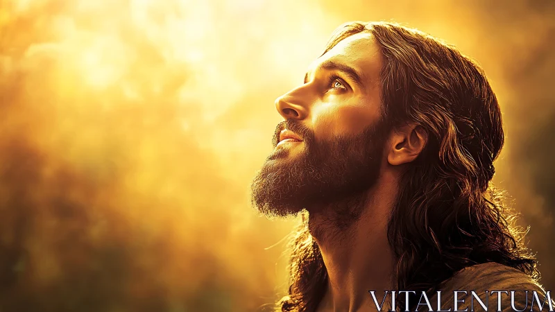 Bearded long haired man looks upward into intense golden light